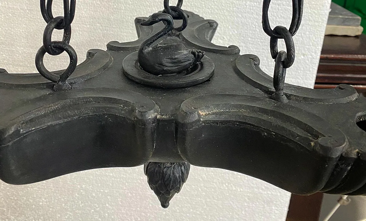 Hanging oil lamp in patinated bronze with swan motif, 20th century 9