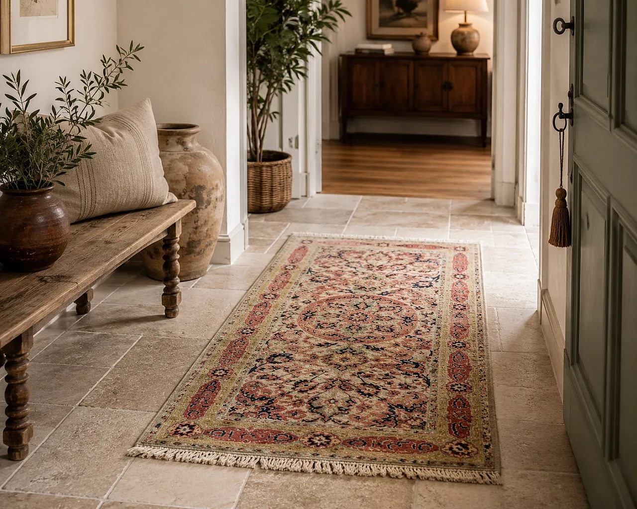 Hand-knotted runner rug with floral medallion design, 1950s 9