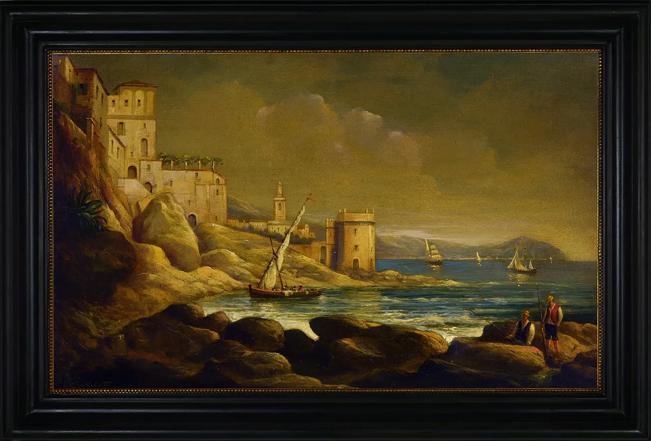 Paolo De Robertis, Paesaggio costiero, olio su tela di iuta, '900 1