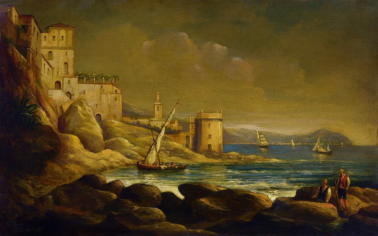 Paolo De Robertis, Paesaggio costiero, olio su tela di iuta, '900 3