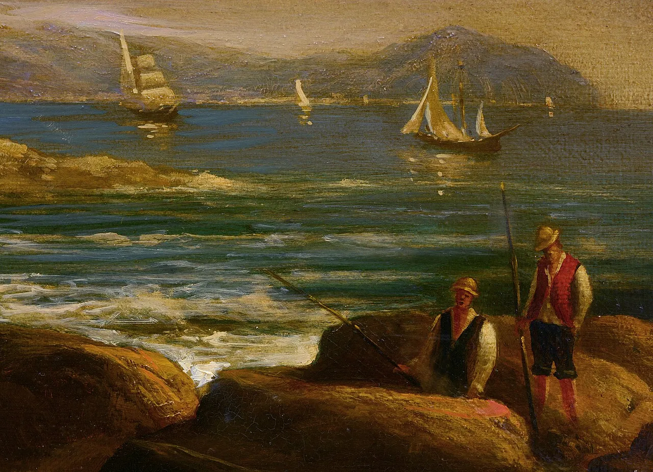 Paolo De Robertis, Paesaggio costiero, olio su tela di iuta, '900 4