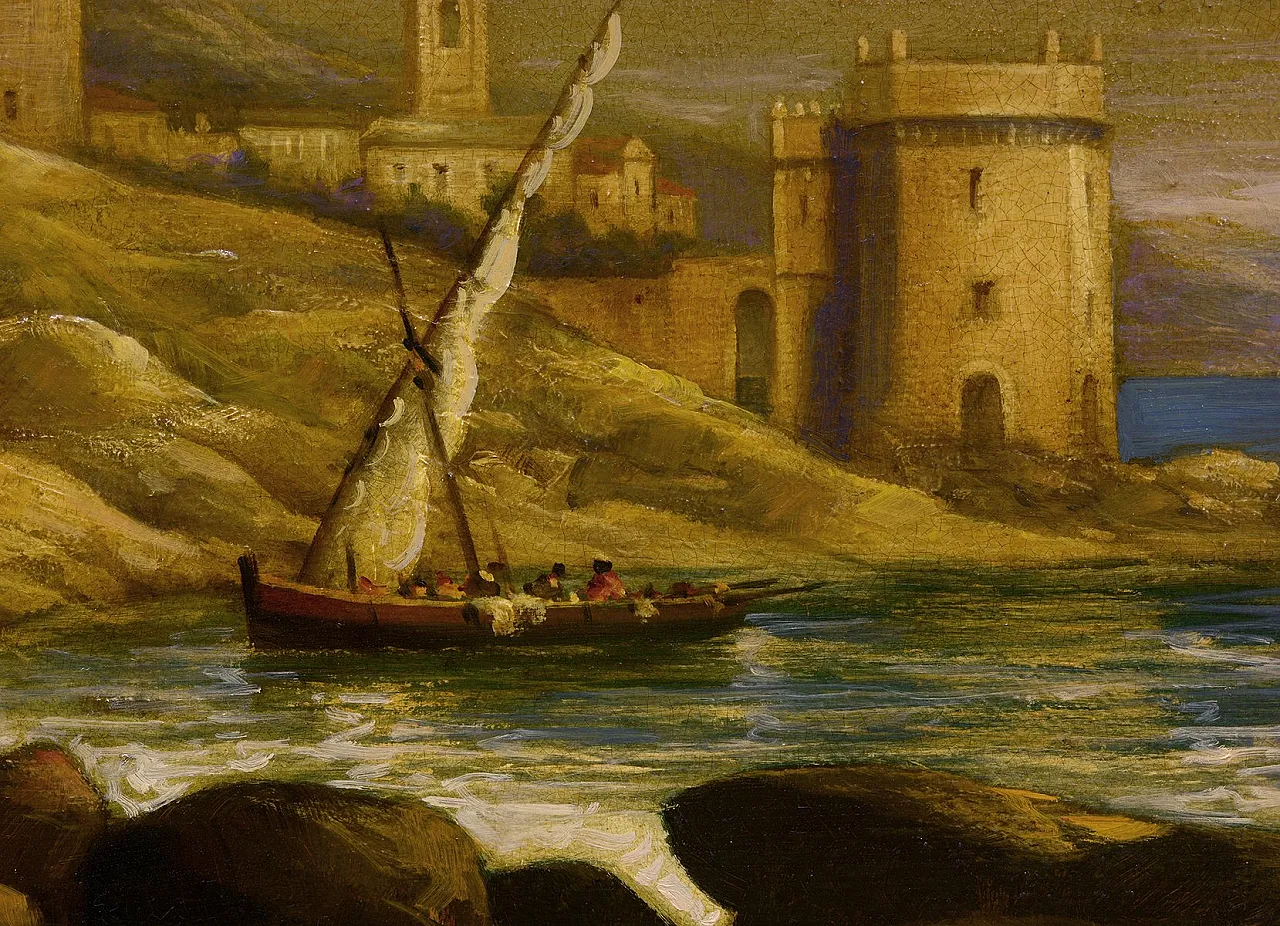 Paolo De Robertis, Paesaggio costiero, olio su tela di iuta, '900 5