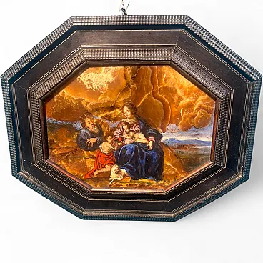 Octagonal painting with Holy family,oil on onyx, 17th century