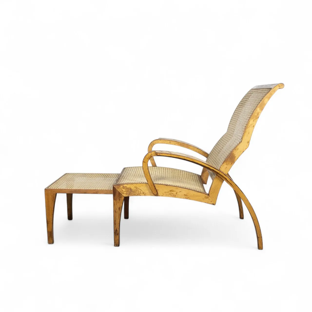 Modernist sculptural cane lounge chair with ottoman, 1940s 2