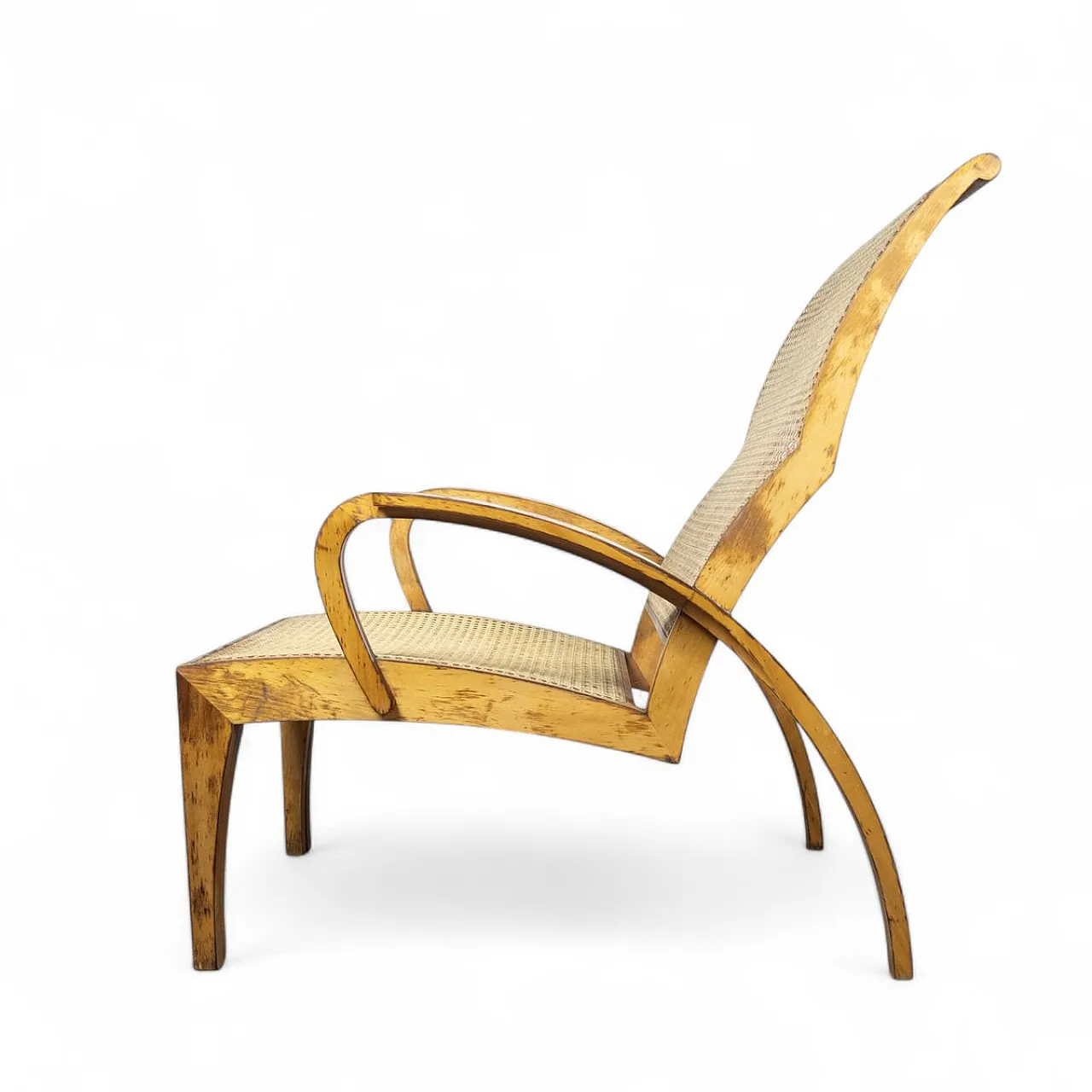 Modernist sculptural cane lounge chair with ottoman, 1940s 4