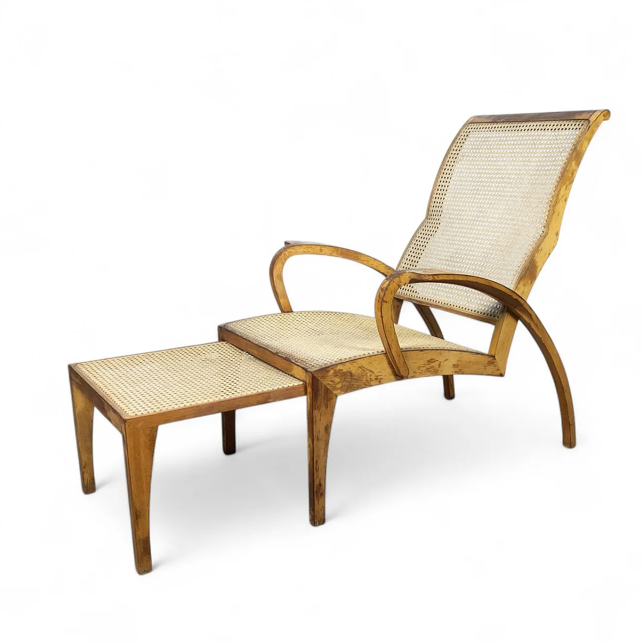 Modernist sculptural cane lounge chair with ottoman, 1940s 5