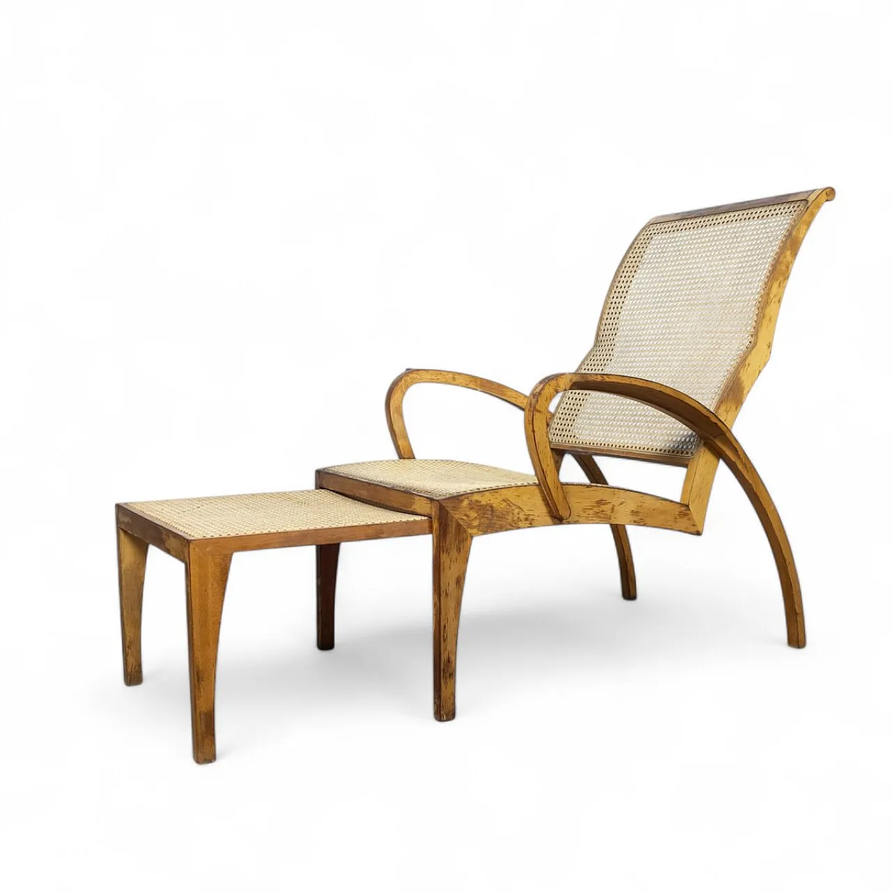 Modernist sculptural cane lounge chair with ottoman, 1940s 14