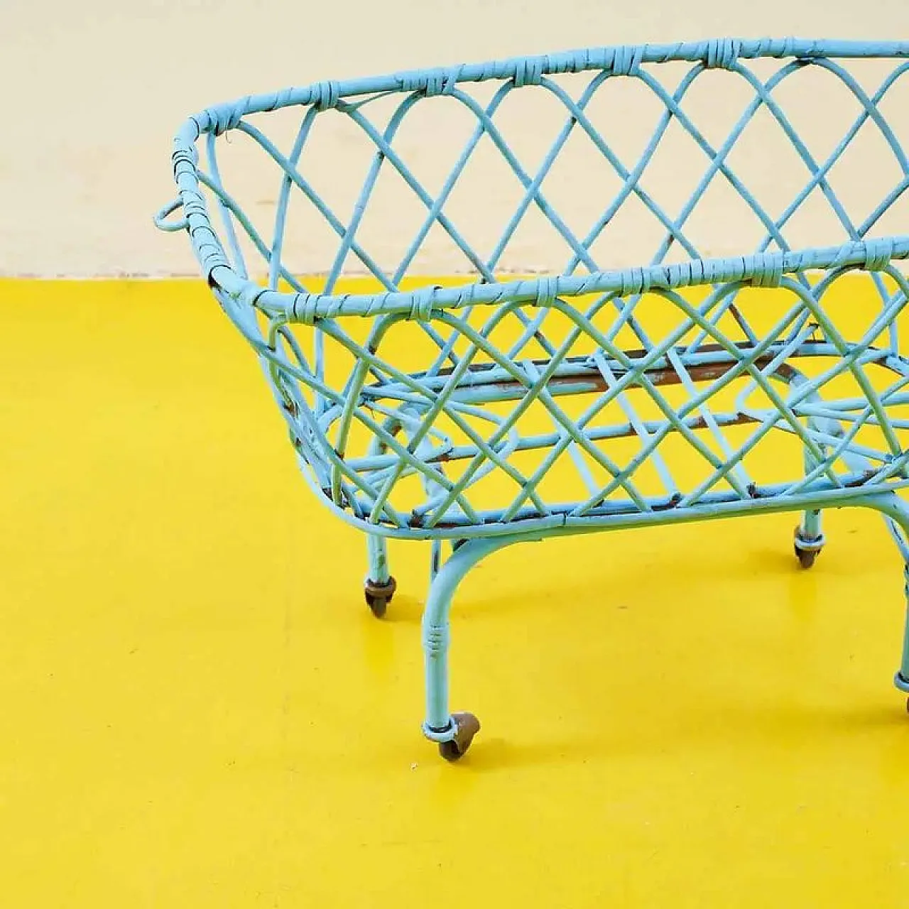 Bamboo wicker Blue Bassinet on wheels, 1960s 2