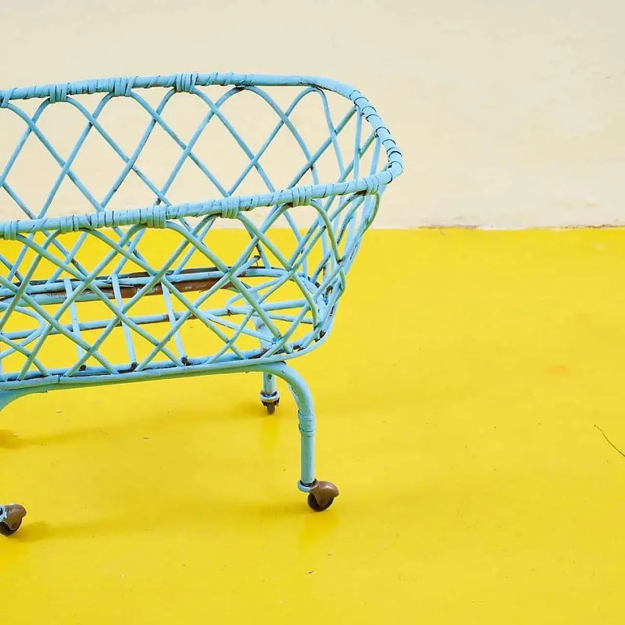 Bamboo wicker Blue Bassinet on wheels, 1960s 3