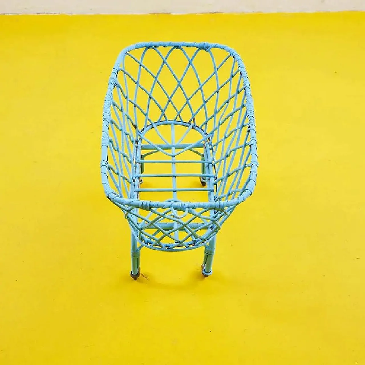Bamboo wicker Blue Bassinet on wheels, 1960s 4