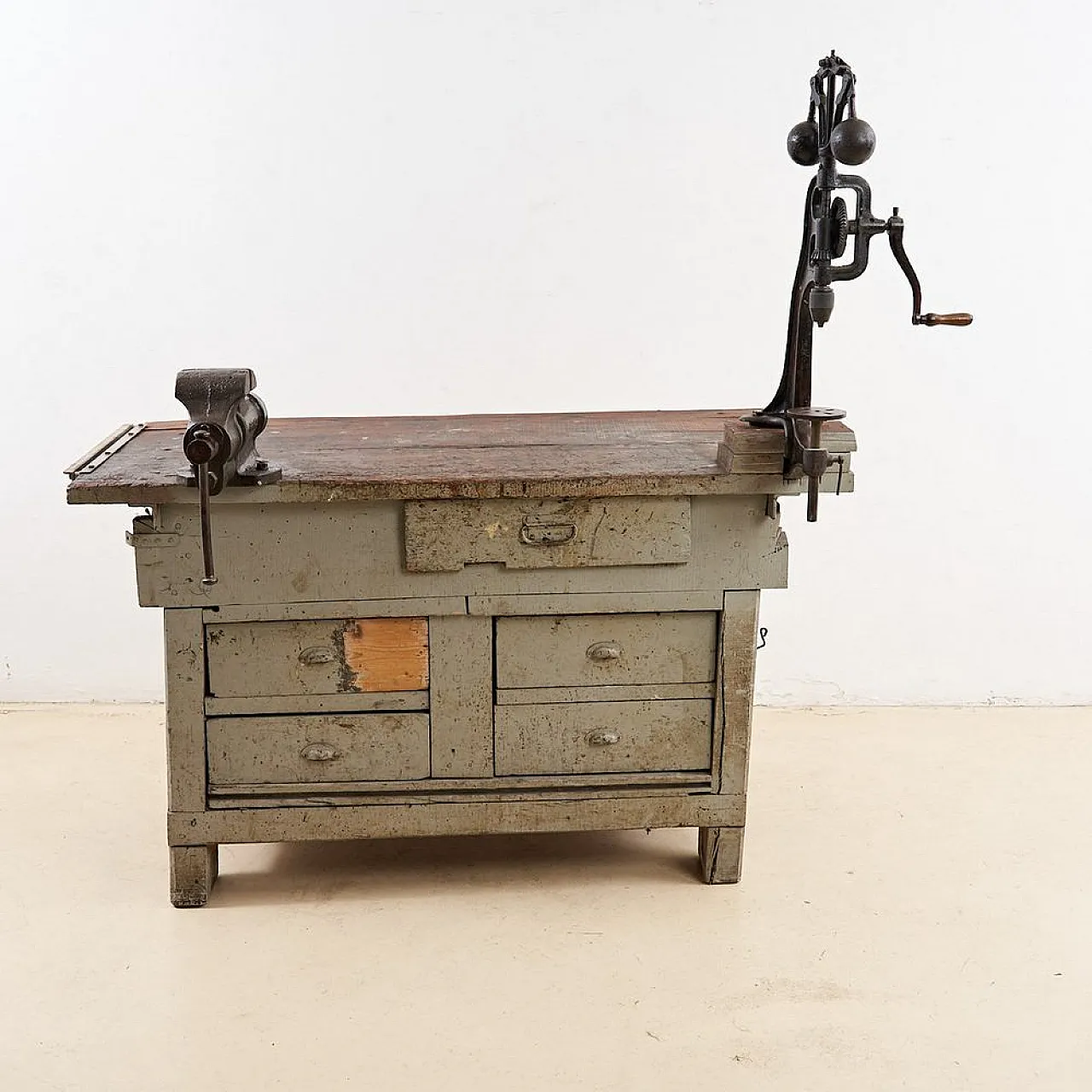 Wooden Work bench with Vice and Drill, 1930s 1