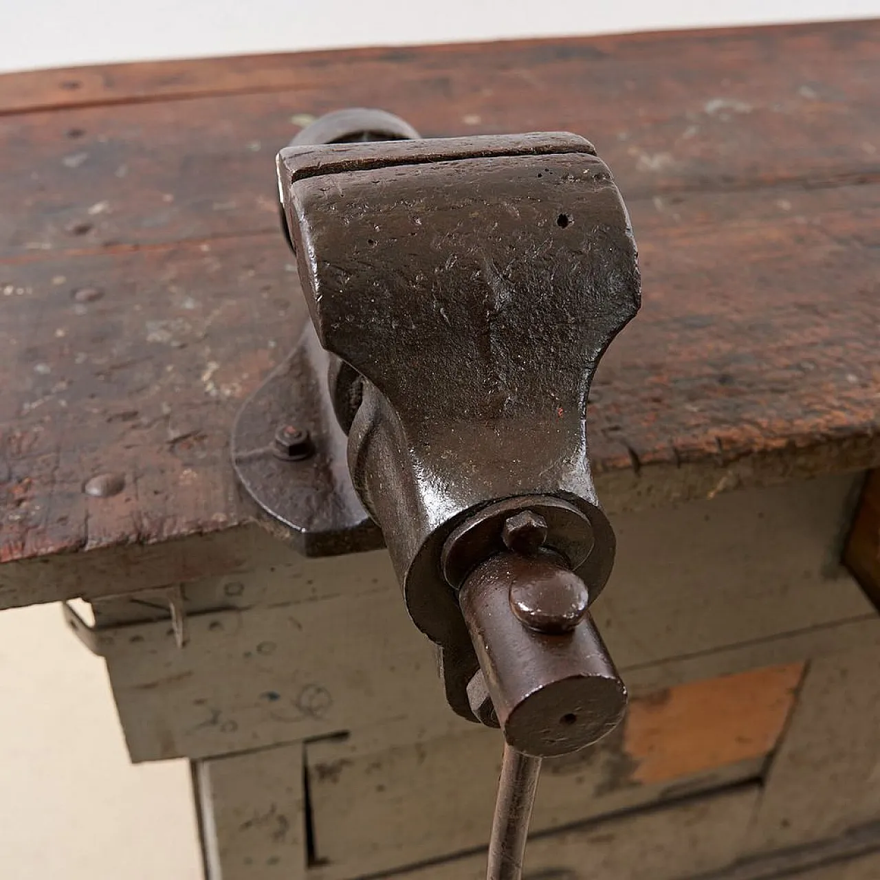 Wooden Work bench with Vice and Drill, 1930s 5