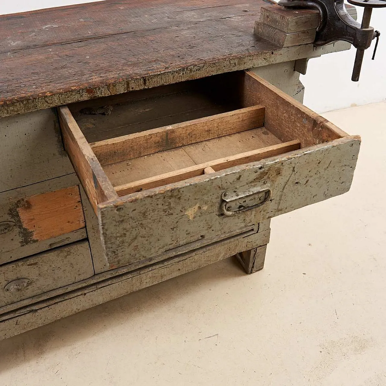 Wooden Work bench with Vice and Drill, 1930s 6