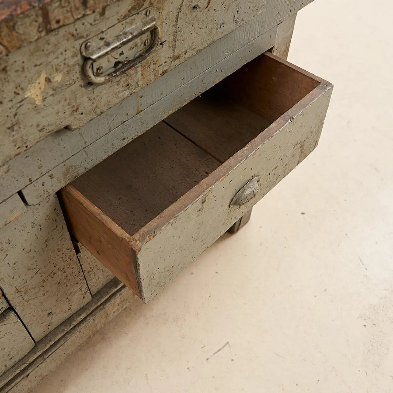 Wooden Work bench with Vice and Drill, 1930s 7