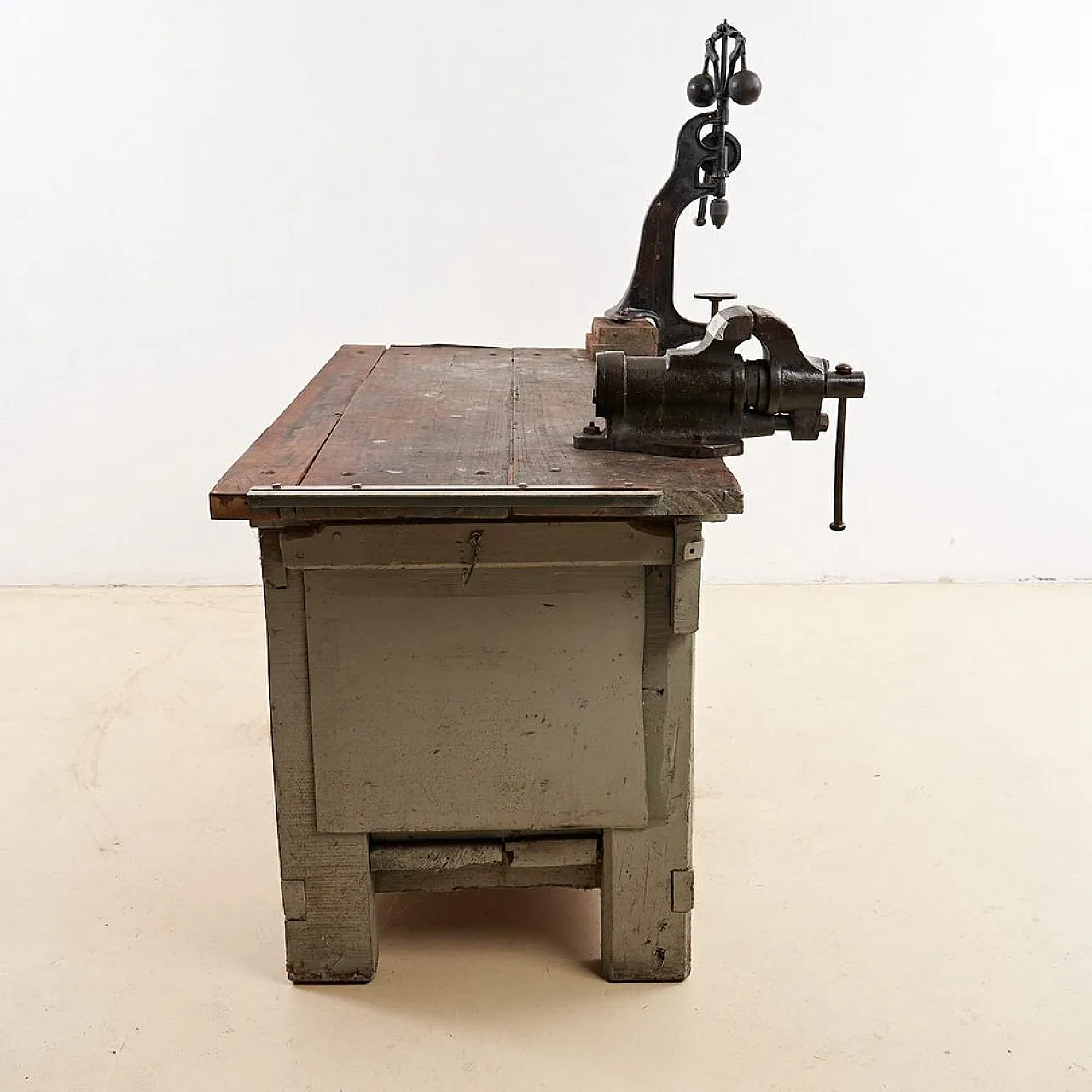 Wooden Work bench with Vice and Drill, 1930s 11