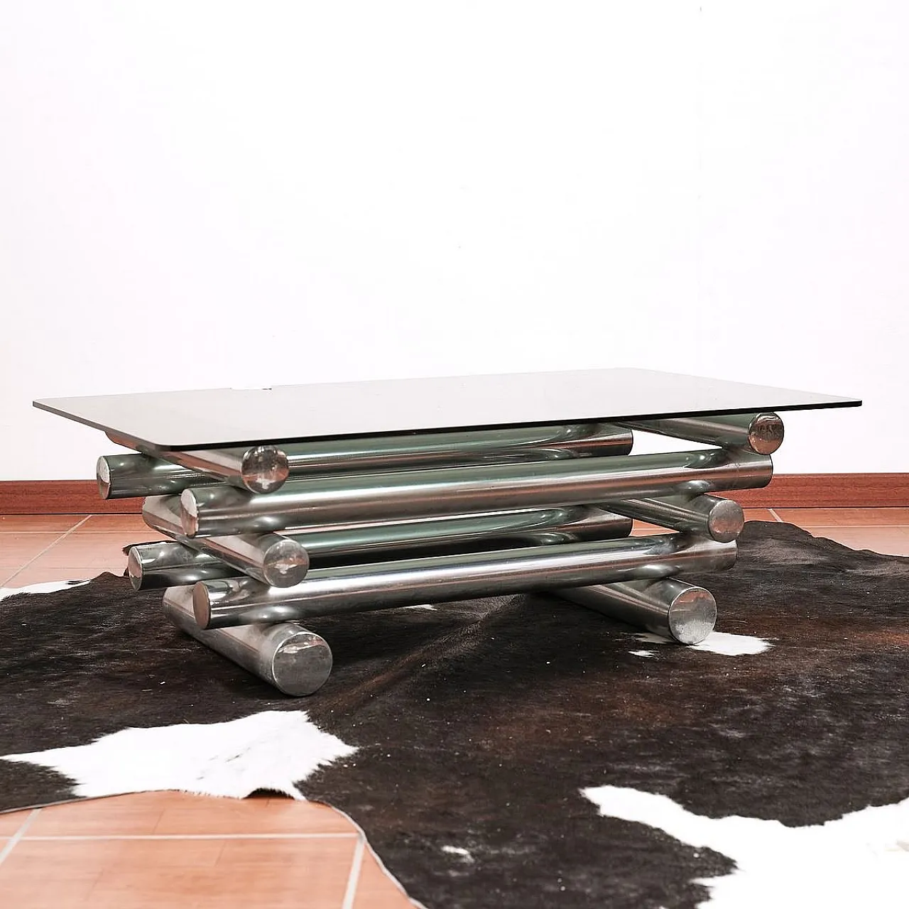 Coffee table in glass and chrome metal, 1970s 1