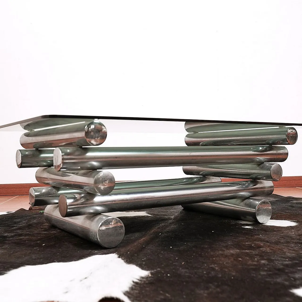 Coffee table in glass and chrome metal, 1970s 4