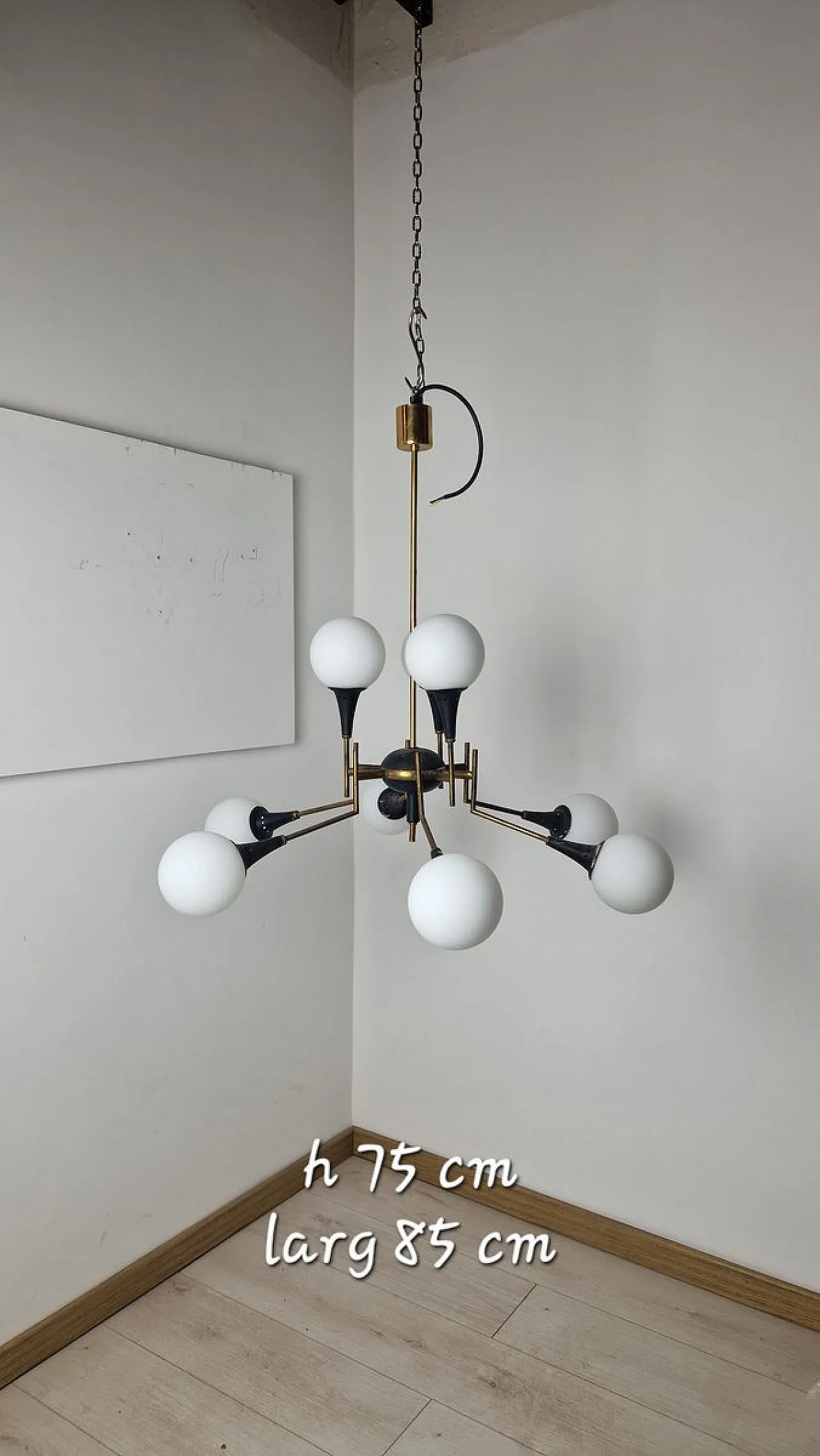 12-light brass chandelier with opaline spheres from Stilnovo, 1950s 1