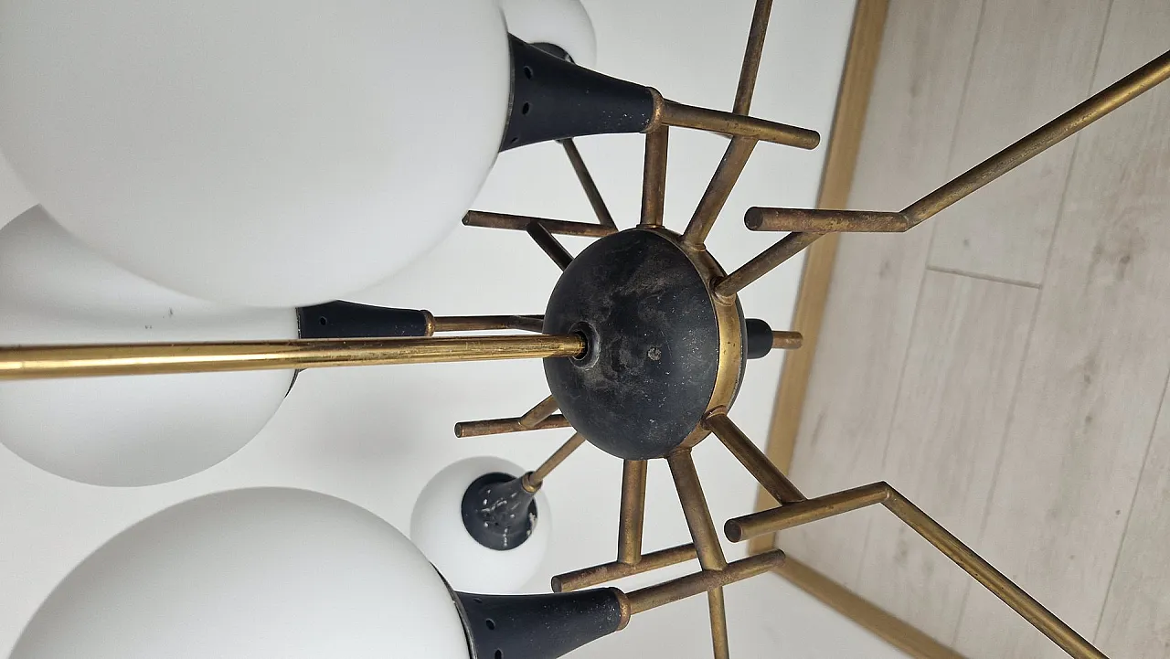 12-light brass chandelier with opaline spheres from Stilnovo, 1950s 6