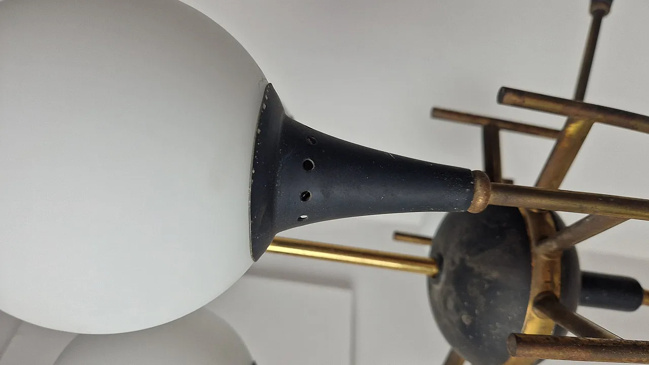 12-light brass chandelier with opaline spheres from Stilnovo, 1950s 7