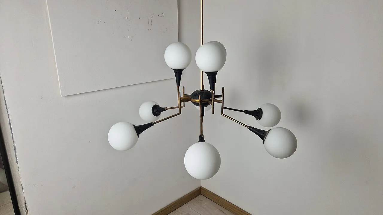 12-light brass chandelier with opaline spheres from Stilnovo, 1950s 8