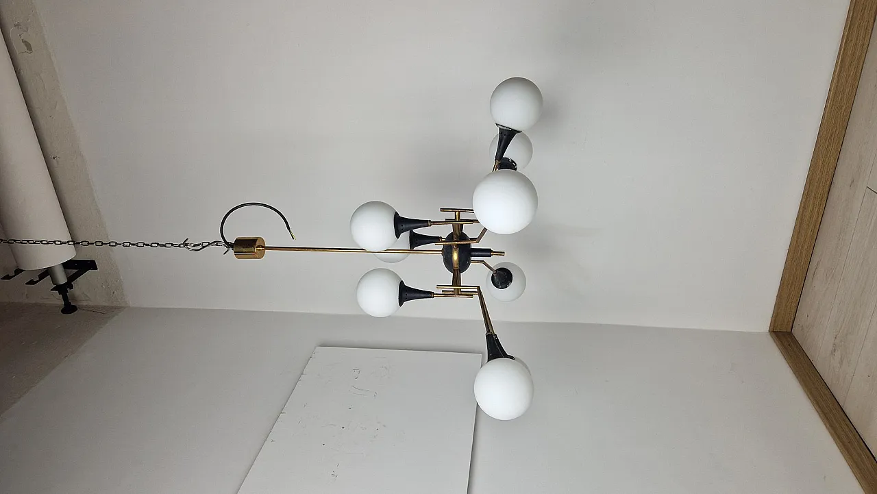 12-light brass chandelier with opaline spheres from Stilnovo, 1950s 11