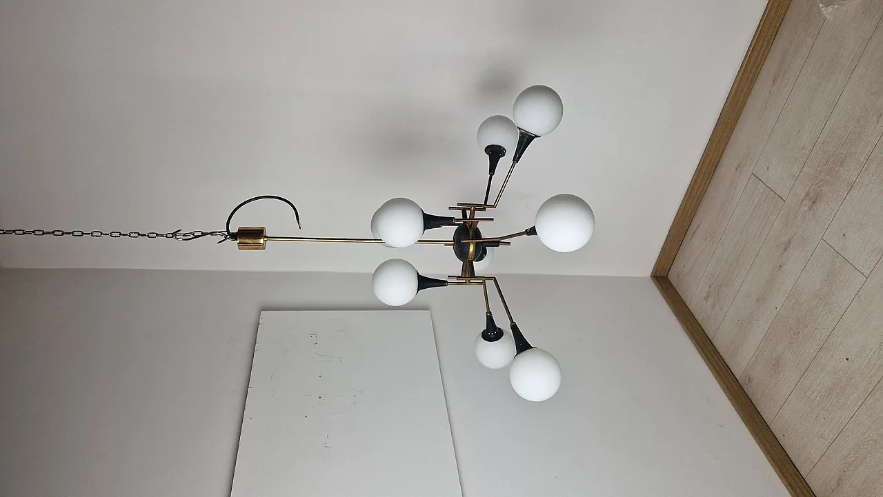 12-light brass chandelier with opaline spheres from Stilnovo, 1950s 13
