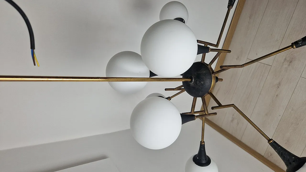 12-light brass chandelier with opaline spheres from Stilnovo, 1950s 15