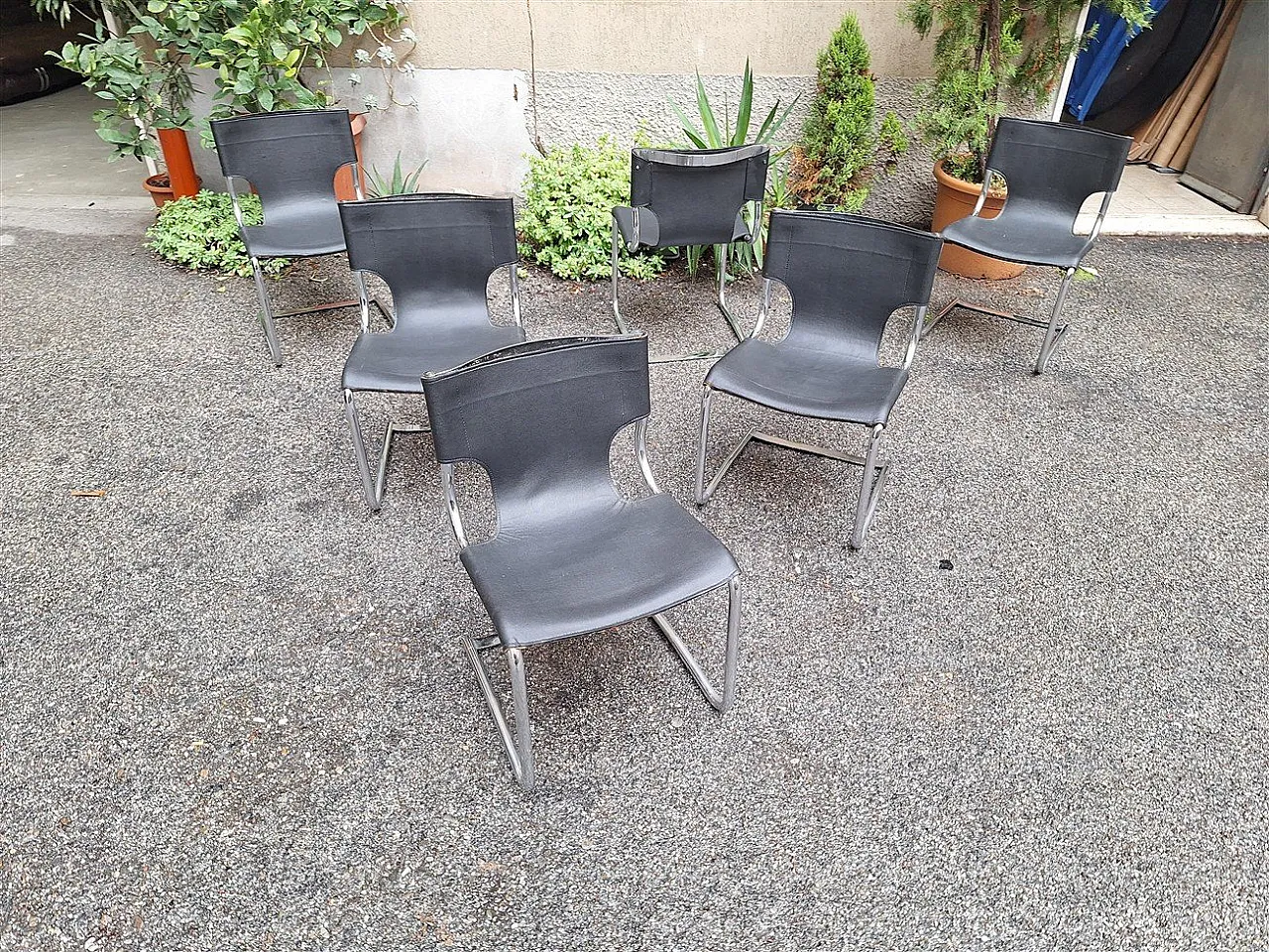 6 Chairs in chrome and black leather by Carlo Bartoli for T70, 1970s 1
