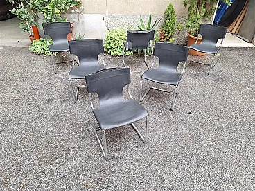 6 Chairs in chrome and black leather by Carlo Bartoli for T70, 1970s