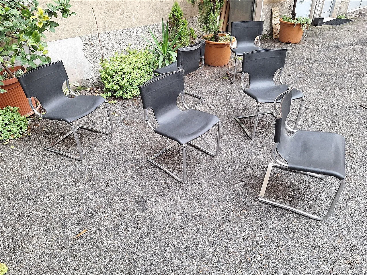 6 Chairs in chrome and black leather by Carlo Bartoli for T70, 1970s 20