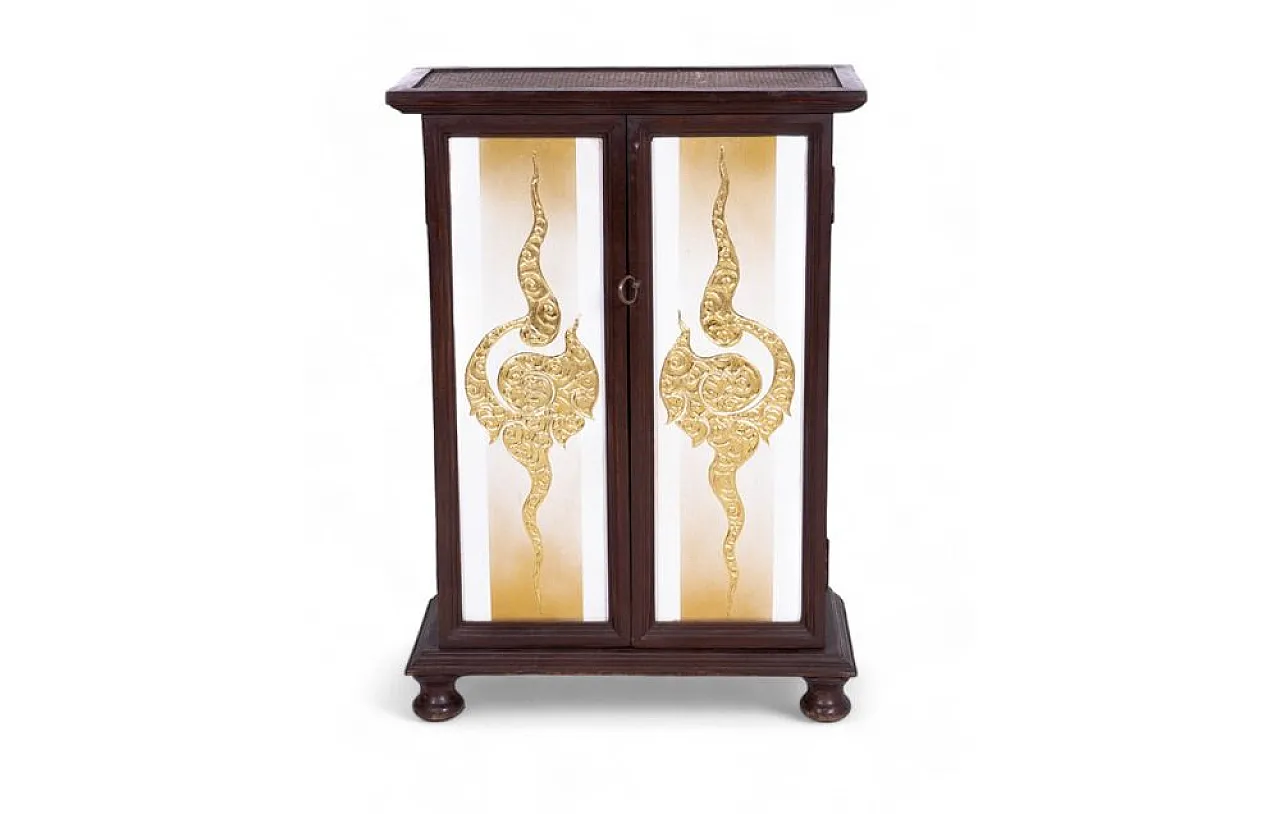 Cabinet in acacia wood with decorations and rattan inserts, 1950s 1