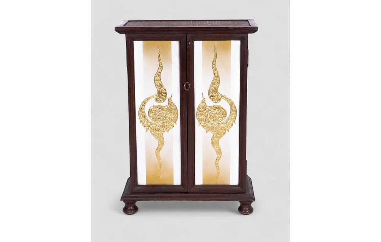 Cabinet in acacia wood with decorations and rattan inserts, 1950s 2