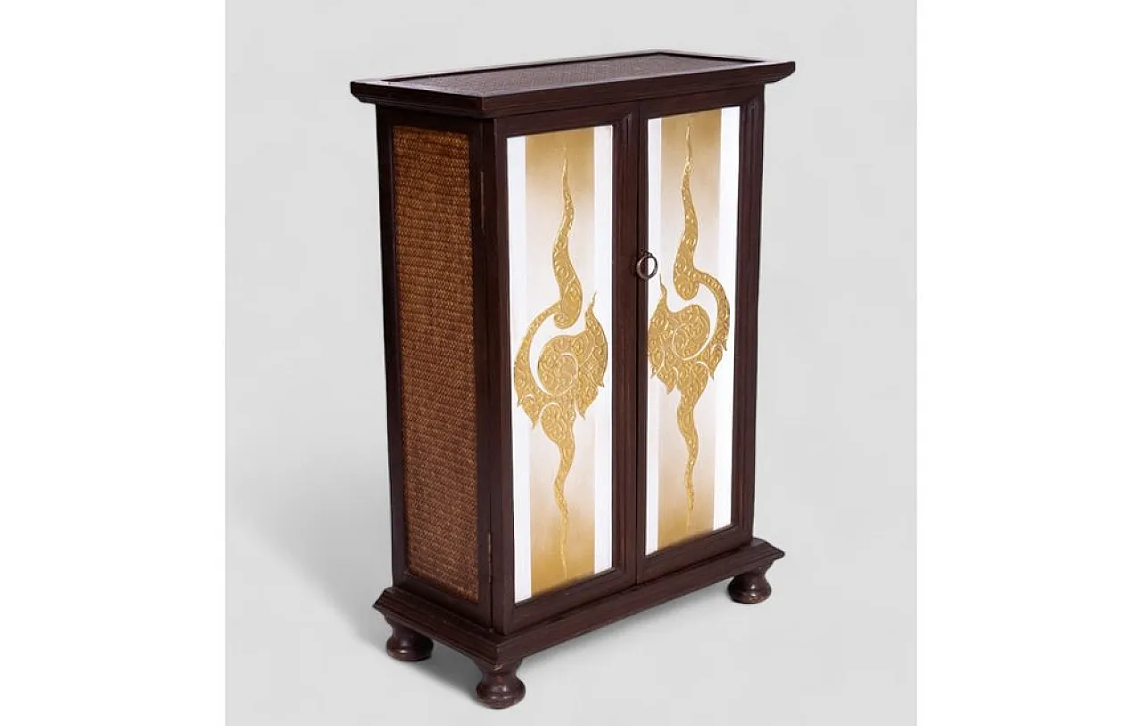 Cabinet in acacia wood with decorations and rattan inserts, 1950s 3