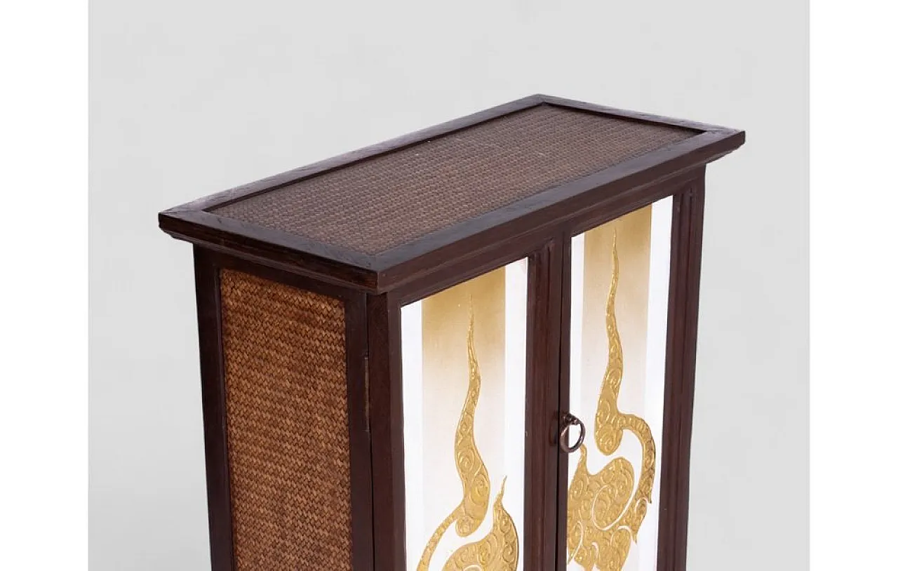 Cabinet in acacia wood with decorations and rattan inserts, 1950s 7