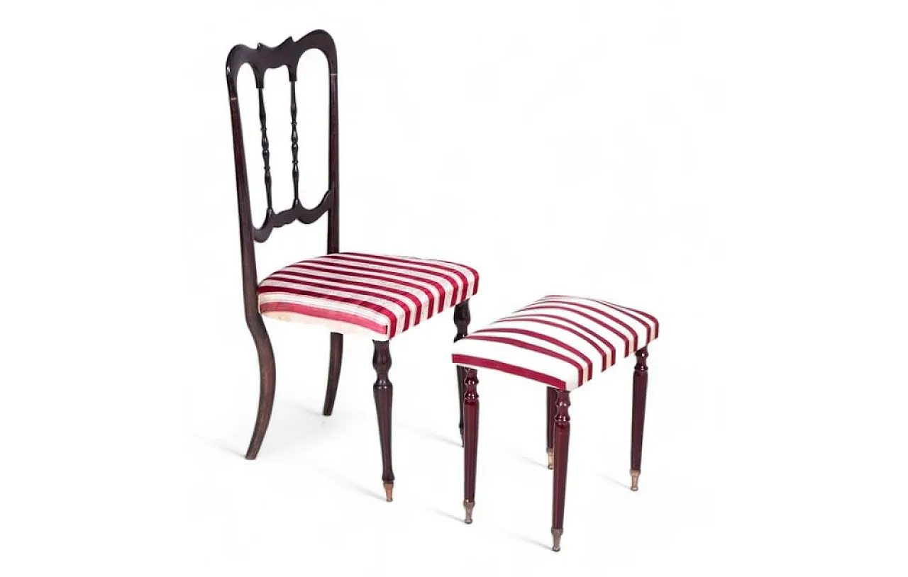 Chair with footrest in ebonized wood and striped satin, 1950s 1