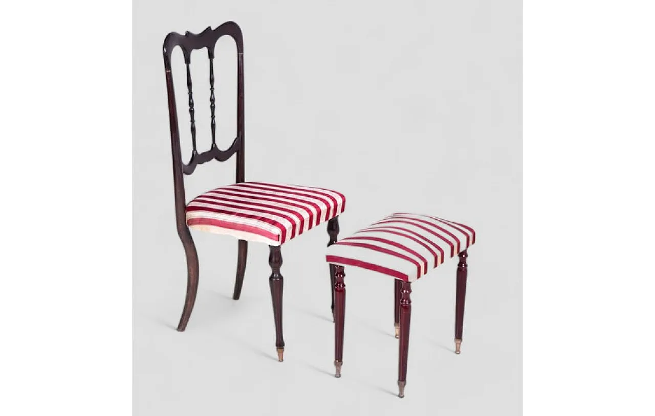 Chair with footrest in ebonized wood and striped satin, 1950s 2