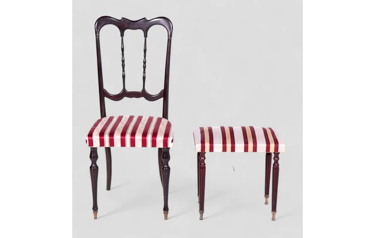 Chair with footrest in ebonized wood and striped satin, 1950s 3