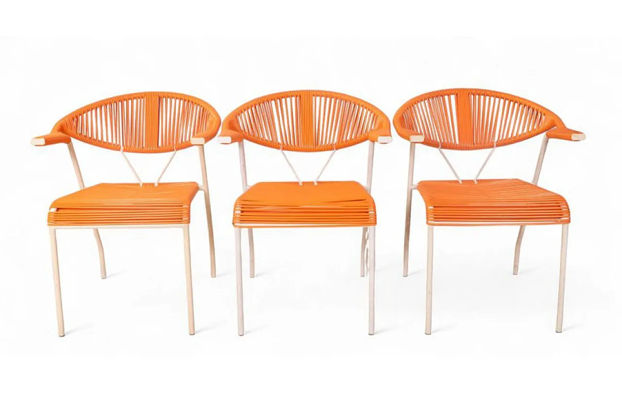 3 Sedie da giardino in plastica intrecciata arancione, anni '80 1
