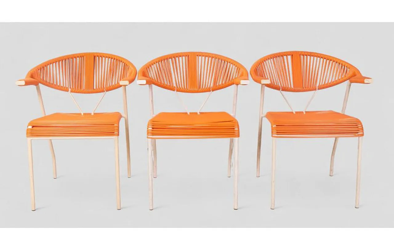 3 Sedie da giardino in plastica intrecciata arancione, anni '80 2
