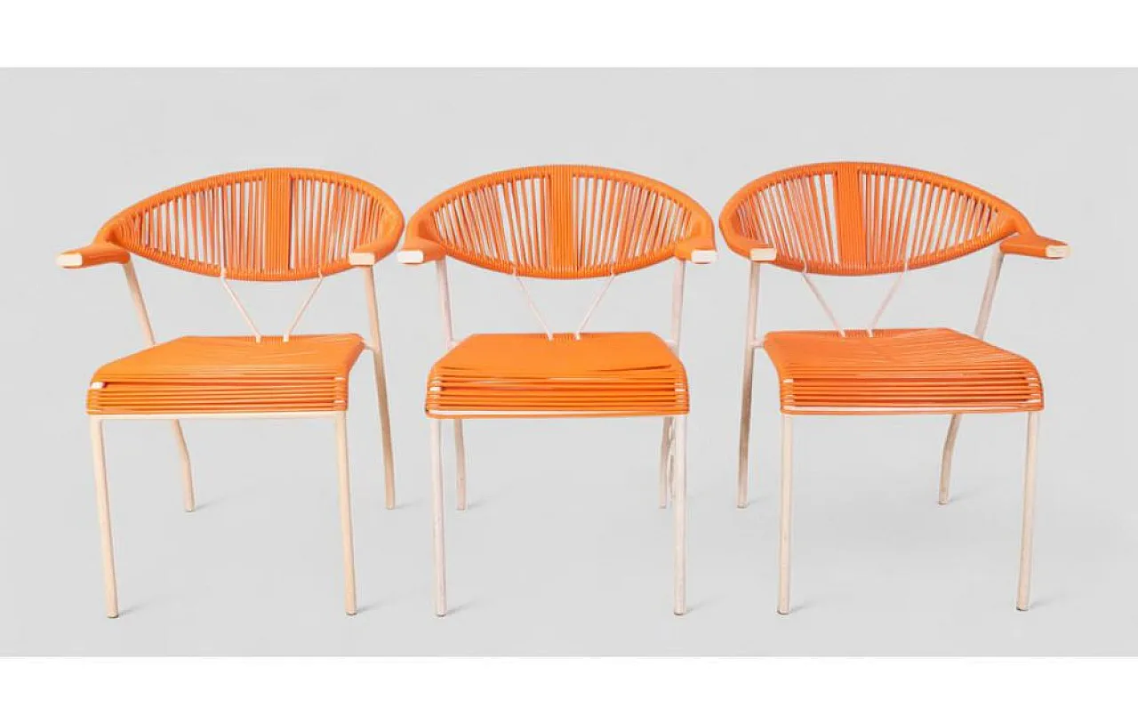 3 Sedie da giardino in plastica intrecciata arancione, anni '80 3