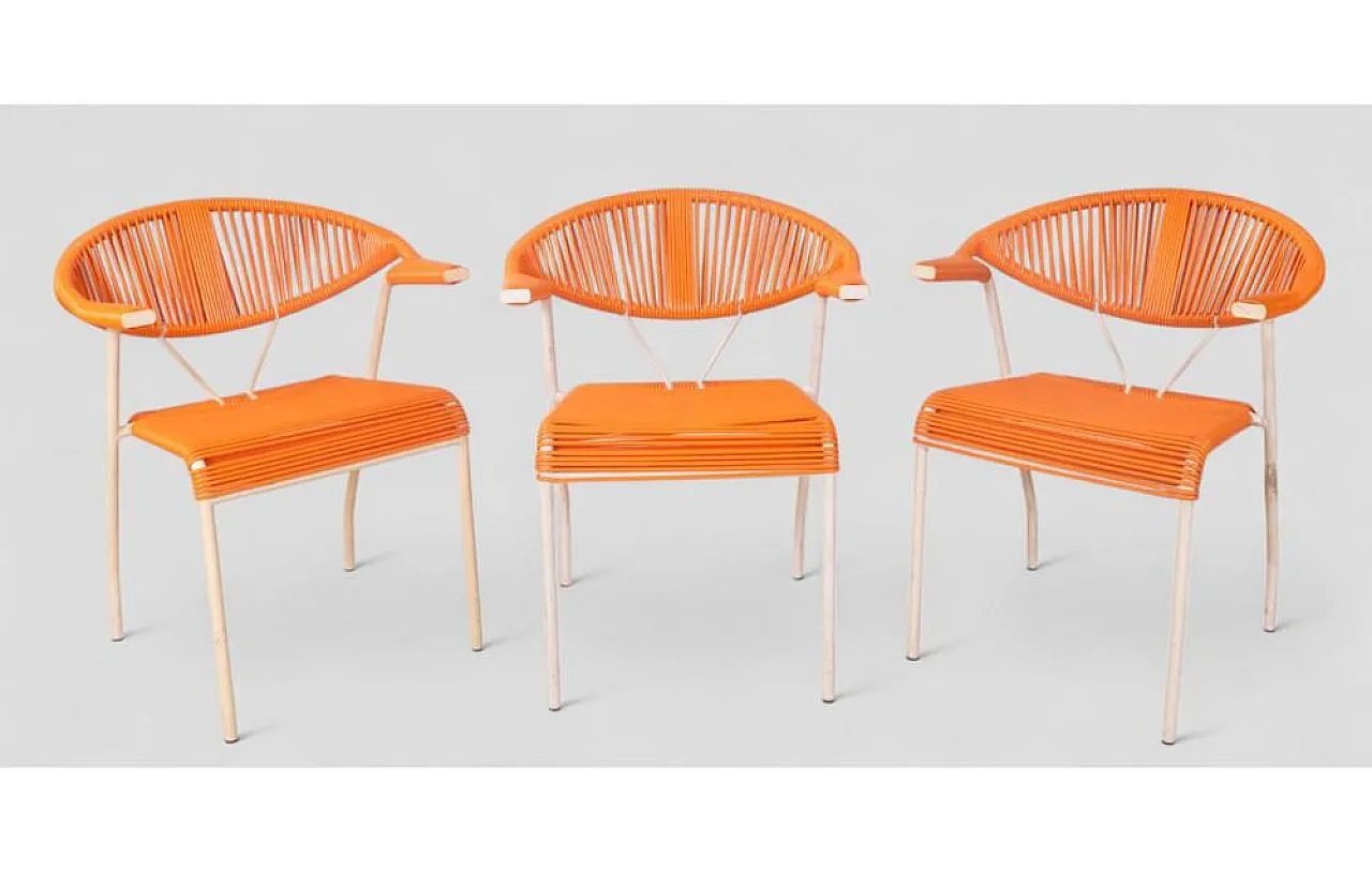 3 Sedie da giardino in plastica intrecciata arancione, anni '80 4