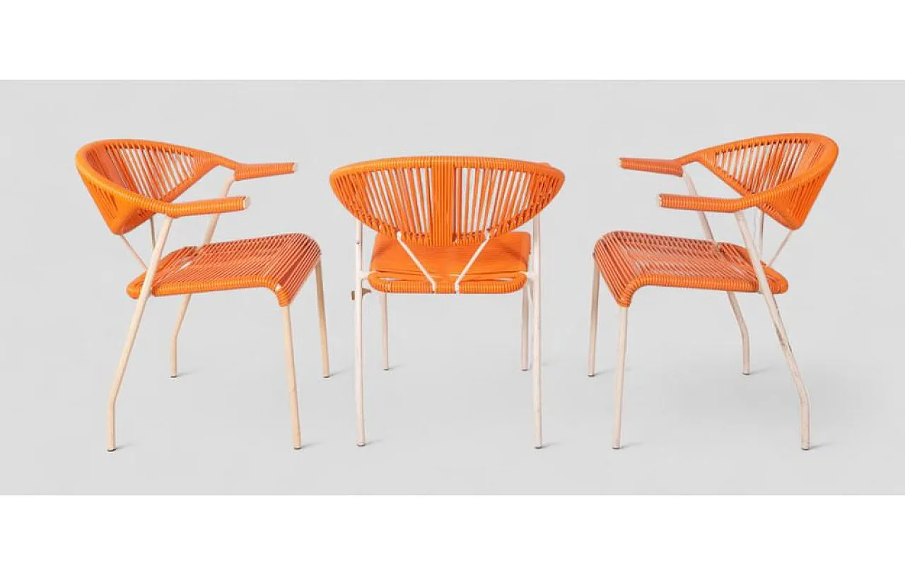 3 Sedie da giardino in plastica intrecciata arancione, anni '80 5