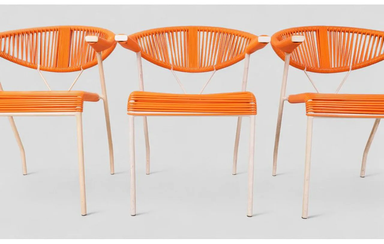 3 Sedie da giardino in plastica intrecciata arancione, anni '80 6