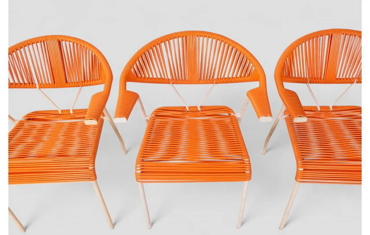 3 Sedie da giardino in plastica intrecciata arancione, anni '80 7