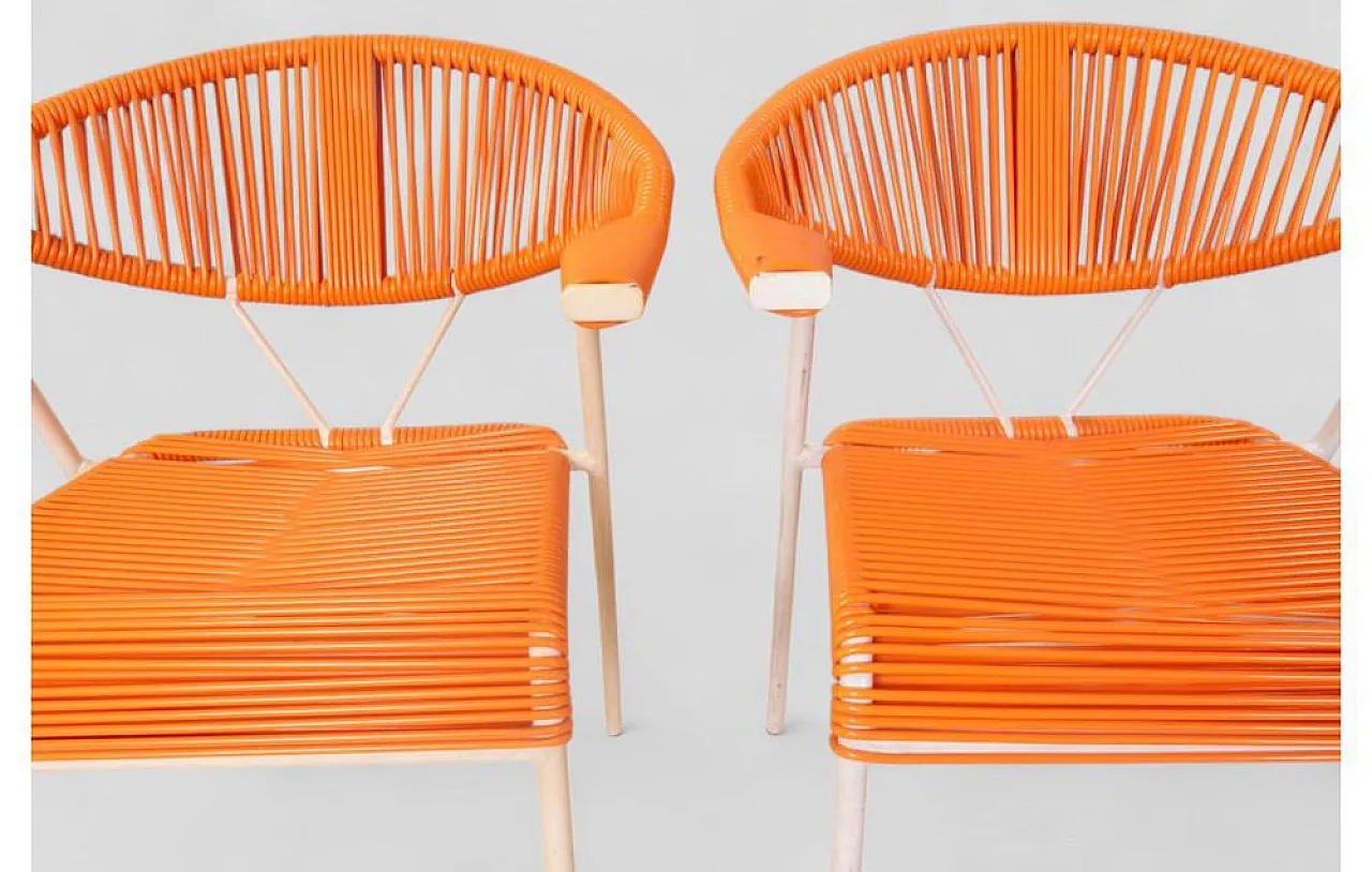 3 Sedie da giardino in plastica intrecciata arancione, anni '80 8