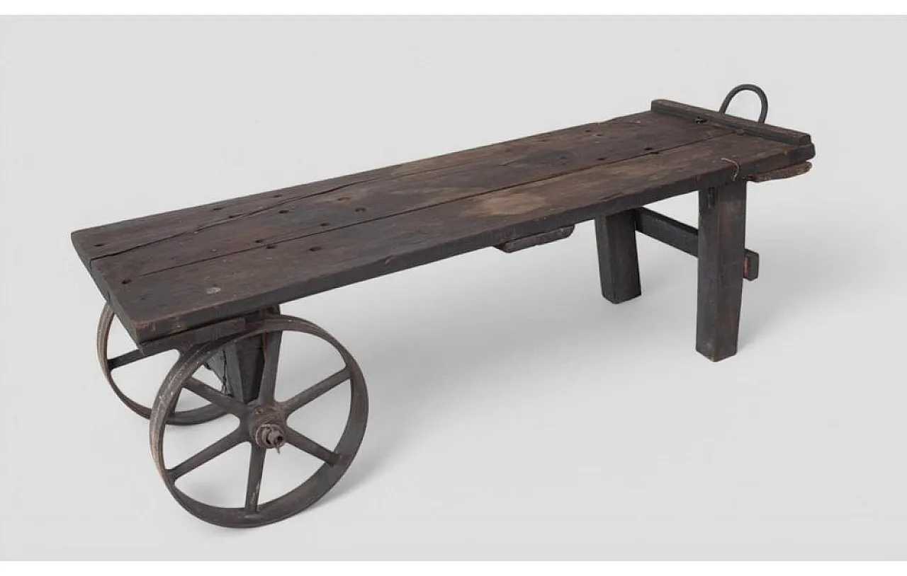 Industrial factory cart coffee table in wood and iron, 20th century 3