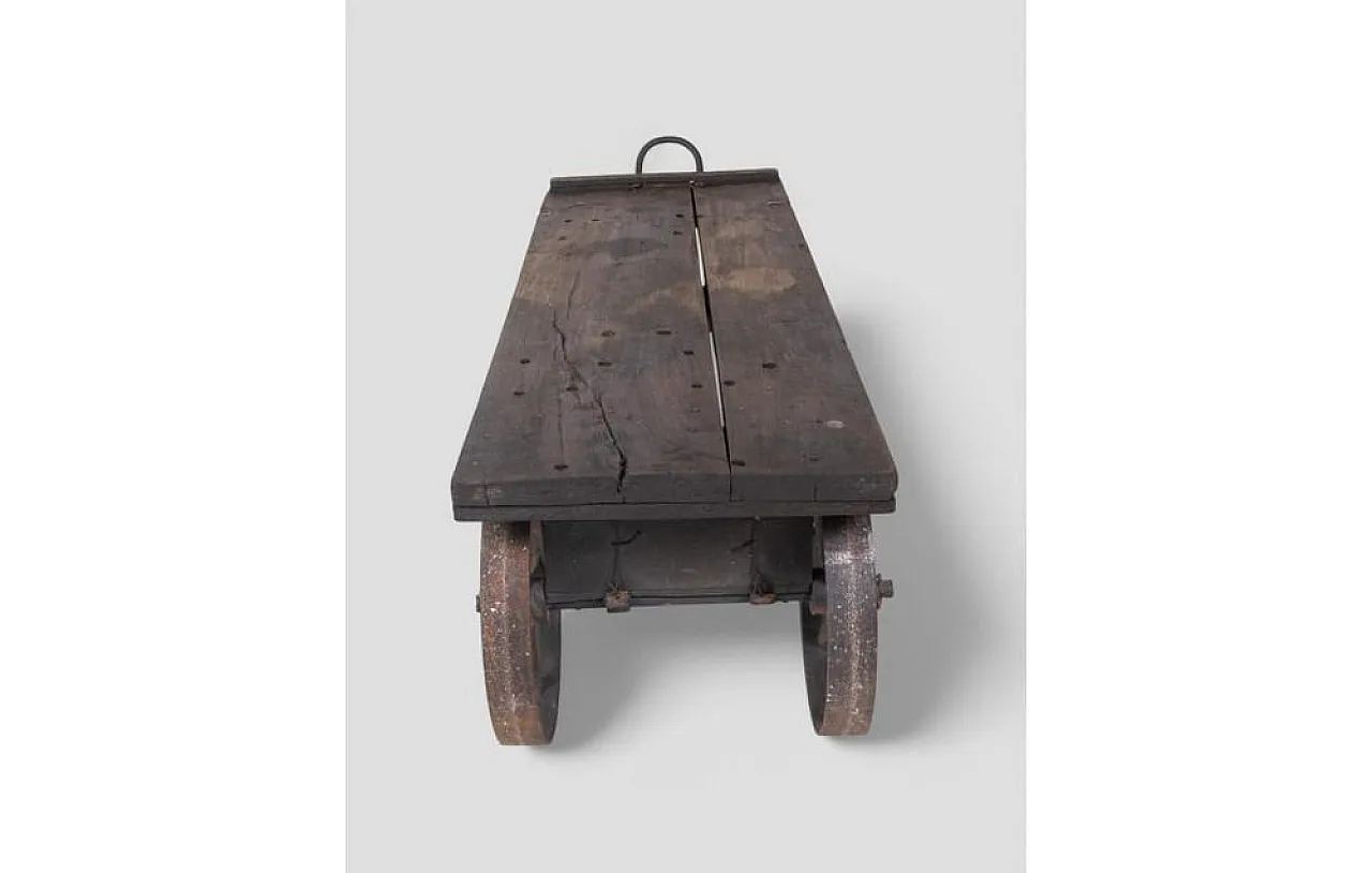 Industrial factory cart coffee table in wood and iron, 20th century 4