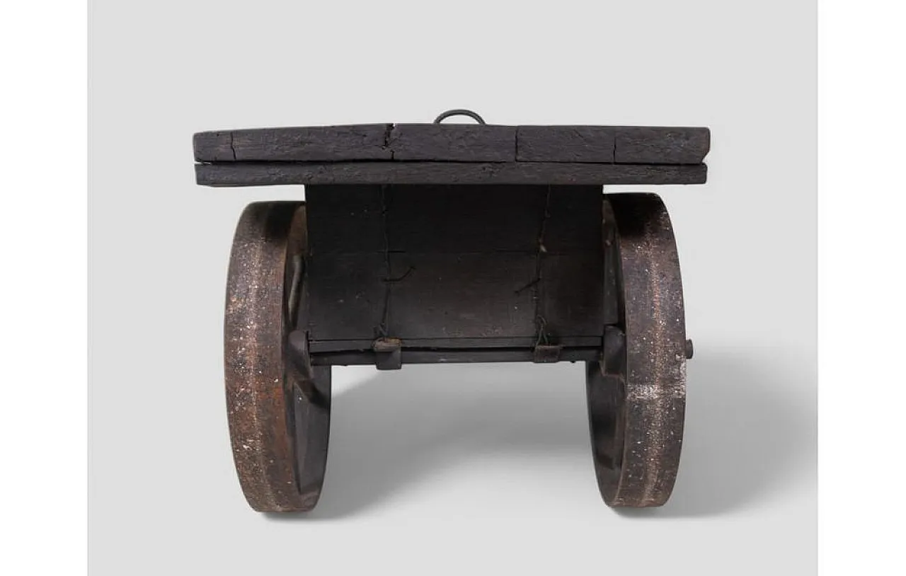 Industrial factory cart coffee table in wood and iron, 20th century 5