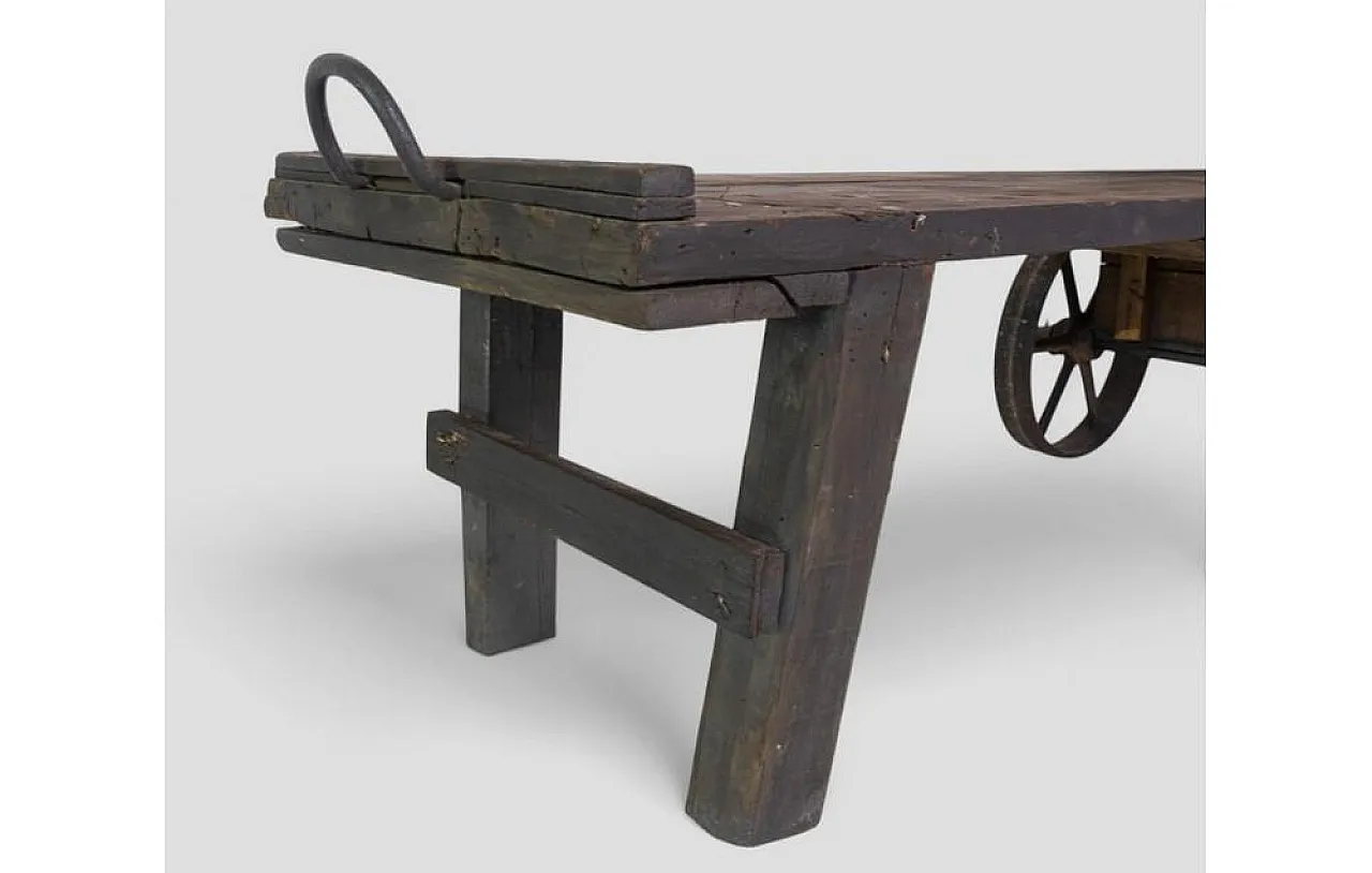 Industrial factory cart coffee table in wood and iron, 20th century 8